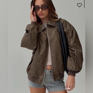 GOLDSMITH FAUX LEATHER BOMBER JACKET WASHED DARK BROWN